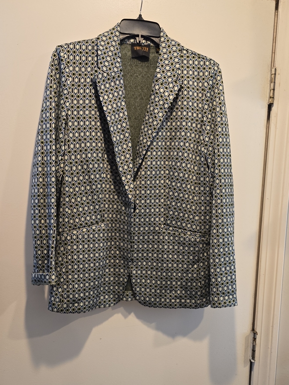 TRULY Womens Geometric Print Blazer in Olive and Navy
